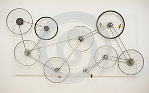 Bisycle wheels on the wall, personal art exibition