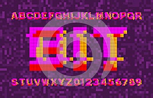 Bit alphabet font. Glitched pixel letters, numbers and symbols. Pixel background.