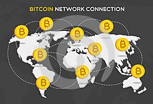 Bit coin network connection consisting of bitcoin money, world map and connection
