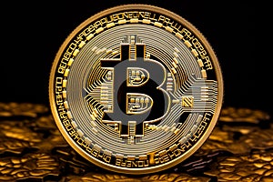 Bit coin sitting on top of pile of gold coins. Generative AI