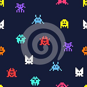 8 bit pixel arcade game alien invader seamless background. Superhero pixel space monster geek game photo