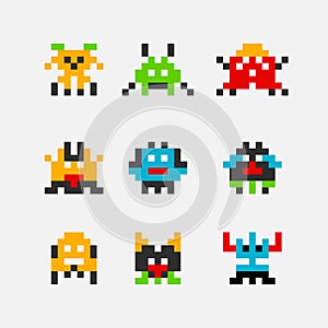 8 bit pixel arcade game alien invader. Superhero pixel space monster geek game photo