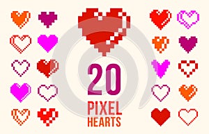 8bit pixel hearts vector logos or icons set, retro game from 90s 8 bit style heart symbols collection, graphic design stylish