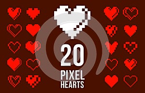 8bit pixel hearts vector logos or icons set, retro game from 90s 8 bit style heart symbols collection, graphic design stylish