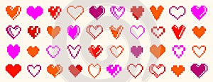 8bit pixel hearts vector logos or icons set, retro game from 90s 8 bit style heart symbols collection, graphic design stylish