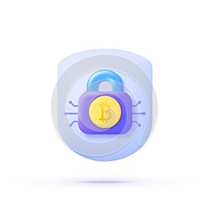 Bitcoin 3d. Financial technology concept. Online payment, security. Bitcoin digital wallet. Security protection concept