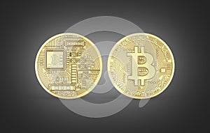 Bitcoin 3D isometric Physical bit coin in gold Digital currency Cryptocurrency Golden coins with symbol isolated on black gradient