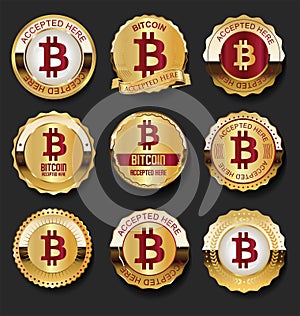 Bitcoin accepted here golden labels vector illustration
