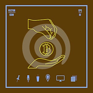 Bitcoin accumulation line Vector icon with hands