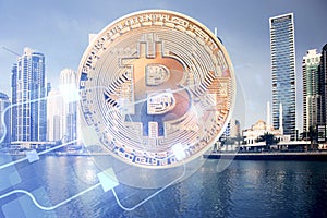 bitcoin agains skyscrapers - futuristic smart city - cryptocurrency concept