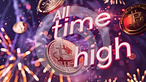 Bitcoin All Time High, BTC crypto ATH celebration with fireworks. Cryptocurrency coin reaches the highest price ever and