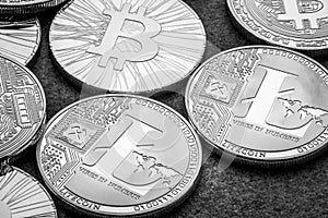 Bitcoin and altcoin crypto currency, macroview at black and white