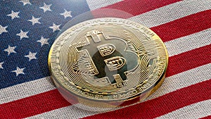 Bitcoin on American flag. Bitcoin BTC Cryptocurrency Coins. Stock Market Concept. BTC to USD Real crypto metal golden coin