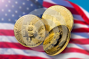 Bitcoin on American flag. Bitcoin BTC Cryptocurrency Coins. Stock Market Concept. BTC to USD Real crypto metal golden coin