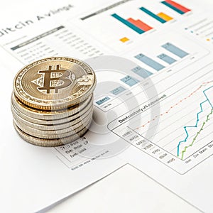 Bitcoin analysis paper with coins isolated on white photo