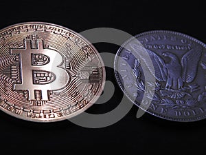 Bitcoin and antique Silver Morgan Dollar