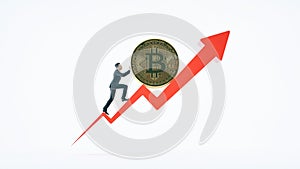 Bitcoin arrow up for increasing value and businessman.