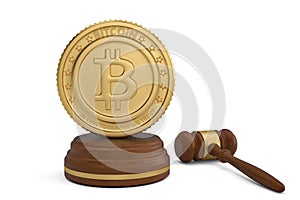 Bitcoin and auction hammer on white background.3D illustration.