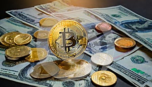 bitcoin on a background of money bills