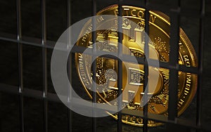 Bitcoin ban, imprison or illegal. Big troubles of Bitcoin or other cryptocurrencies. Copyspace on the right. 3D rendering