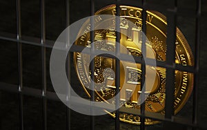 Bitcoin ban, imprison or illegal. Big troubles of Bitcoin or other cryptocurrencies. Copyspace on the right. 3D rendering photo