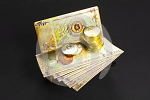 Bitcoin banknotes and golden btc coins on the treasure trove, cryptocurrency in wooden chest, gift, decoration on black paper