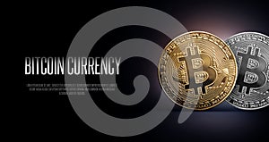 Bitcoin Banner Header. Gold and Silwer coin. Cryptocurrency with space for your own text. photo