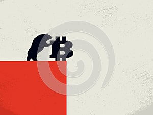 Bitcoin bearish market vector concept with bear pushing bitcoin off a cliff. Symbol of downturn, selling blockchain photo