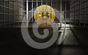 Bitcoin behind the bars. Big troubles of Bitcoin or other cryptocurrencies. Copyspace below. 3D rendering