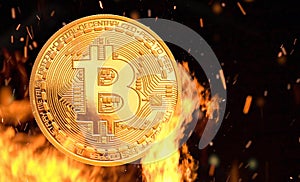 Bitcoin - bit coin BTC cryptocurrency money burning in flames and fire sparkles