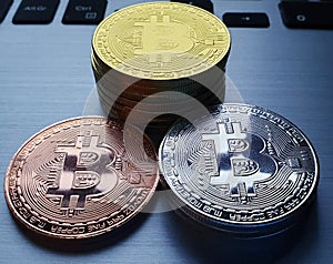 Bitcoin bitcoins stacked on computer