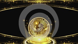 Bitcoin on black and gold background.