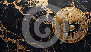 bitcoin on black marble surface close - up with zoom zoom lens