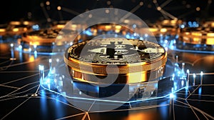 Bitcoin blockchain,close-up coin,computer microchips,cryptocurrency mining,digital background banner