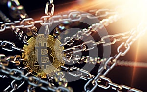 Bitcoin blockchain concept. Bitcoin cryptocurrency connected with chains. 3D rendering