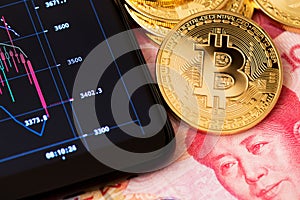 Bitcoin Blockchain concept Online banking and trading close up renminbi yuan bitcoin china photo