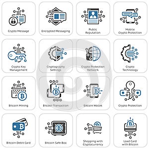 Bitcoin and Blockchain Crypto Protection Technology Icons.