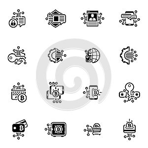 Bitcoin and Blockchain Crypto Protection Technology Icons.