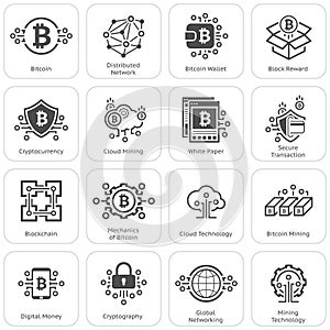 Bitcoin and Blockchain Cryptocurrency Icons.