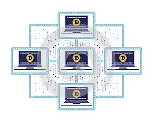 Bitcoin blockchain network of connected computers 2D illustration concept