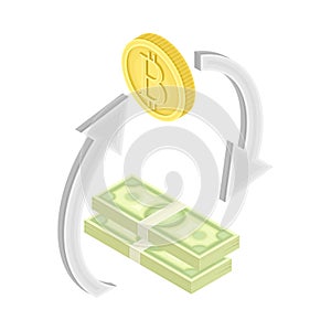 Bitcoin Blockchain Technology with Exchange and Transaction System Isometric Vector Illustration