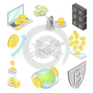 Bitcoin Blockchain Technology with Hardware and Transactions Isometric Vector Set