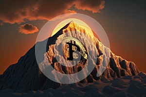 Bitcoin At The Bottom Of The Mountain At Sunset. Generative AI