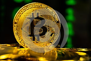 Bitcoin BTC with binary code blockchain technology background