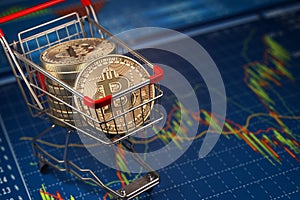 Bitcoin BTC coins in the shopping cart on the financial diagram.