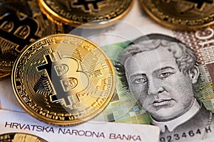 Bitcoin BTC Cryptocurrency coins and Croatian Kuna banknotes. Croatia BTC Bitcoin Kuna photo