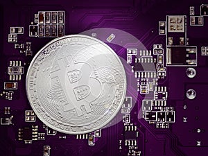 Bitcoin BTC, cryptocurrency currency, electronic card and microchip.