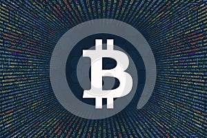Bitcoin, BTC cryptocurrency symbol. A tunnel from a computer program code. Programmer Strings of code, Javascript, CSS and PHP.