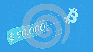 Bitcoin BTC flies with sticker 50000 dollars on blue abstract polygonal background