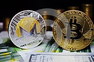 Bitcoin BTC and Monero XRM coin on banknotes, against the background of money growing stairs.